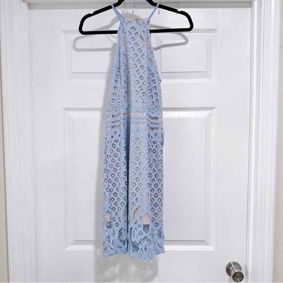 Lulus Steal a Kiss Light Blue Lace Dress Open Back Halter Mini Sheath Size Small - Picture 5 of 11